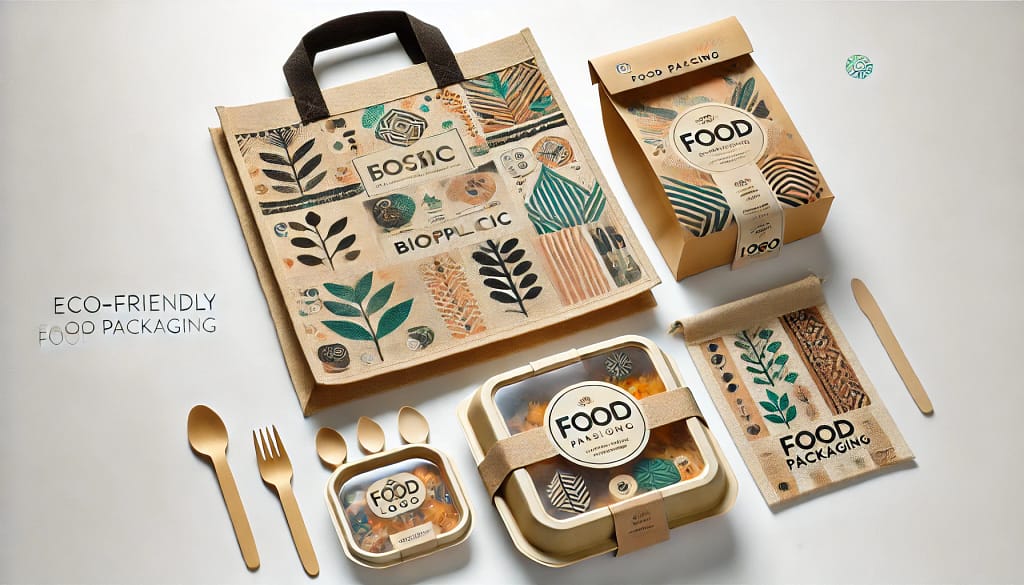 Desain kemasan makanan ramah lingkungan yang kreatif dengan bahan kertas daur ulang dan bioplastik. Kemasan mencakup kantong kain yang dapat digunakan kembali dan wadah makanan bioplastik. Logo berfokus pada keberlanjutan dan inovasi, menampilkan tampilan modern dan bersih dengan pola alami bambu dan daun.