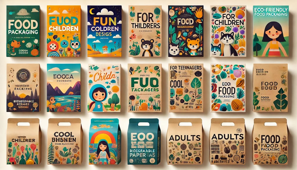 Desain kemasan makanan ramah lingkungan: untuk anak-anak dengan ilustrasi cerah dan karakter hewan pada kantong kertas; untuk remaja dengan desain modern dan warna vibrant pada kotak karton; dan untuk dewasa dengan desain minimalis dan elegan menggunakan bahan biodegradable.