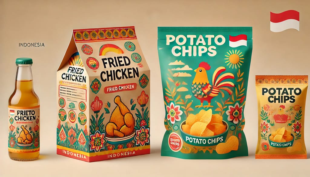 Gambar menunjukkan desain kemasan makanan Indonesia: kemasan ayam goreng dalam kotak ramah lingkungan dengan warna cerah dan motif tradisional Indonesia, serta kemasan keripik kentang dalam kantong warna-warni dengan grafis menarik yang mencerminkan bahan alami. Kedua desain ini menggabungkan logo modern yang mencerminkan budaya Indonesia.