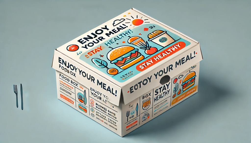 Desain box makanan minimalis dengan warna cerah, menampilkan ilustrasi menarik, pesan positif "Enjoy Your Meal!" dan "Stay Healthy!", serta informasi brand yang jelas termasuk logo, nama bisnis, dan detail kontak. Box ini fungsional dengan tutup yang mudah dibuka dan pegangan untuk kenyamanan, memberikan kesan modern dan bersih.