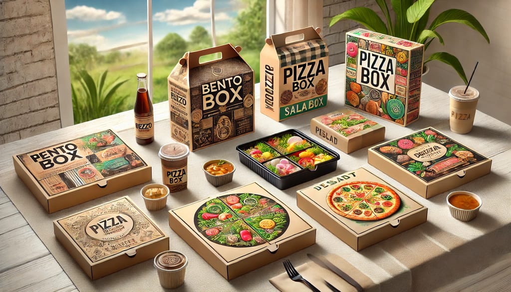 Gambar jenis-jenis box makanan termasuk bento box, pizza box, salad box, dan dessert box di atas meja. Setiap box memiliki desain yang unik dan sesuai dengan fungsinya: bento box dengan desain tradisional Jepang, pizza box dengan tema Italia, salad box dengan tampilan segar dan hijau, serta dessert box dengan desain manis dan berwarna-warni. Gambar ini juga menampilkan logo pada setiap box dan latar belakang yang menarik.