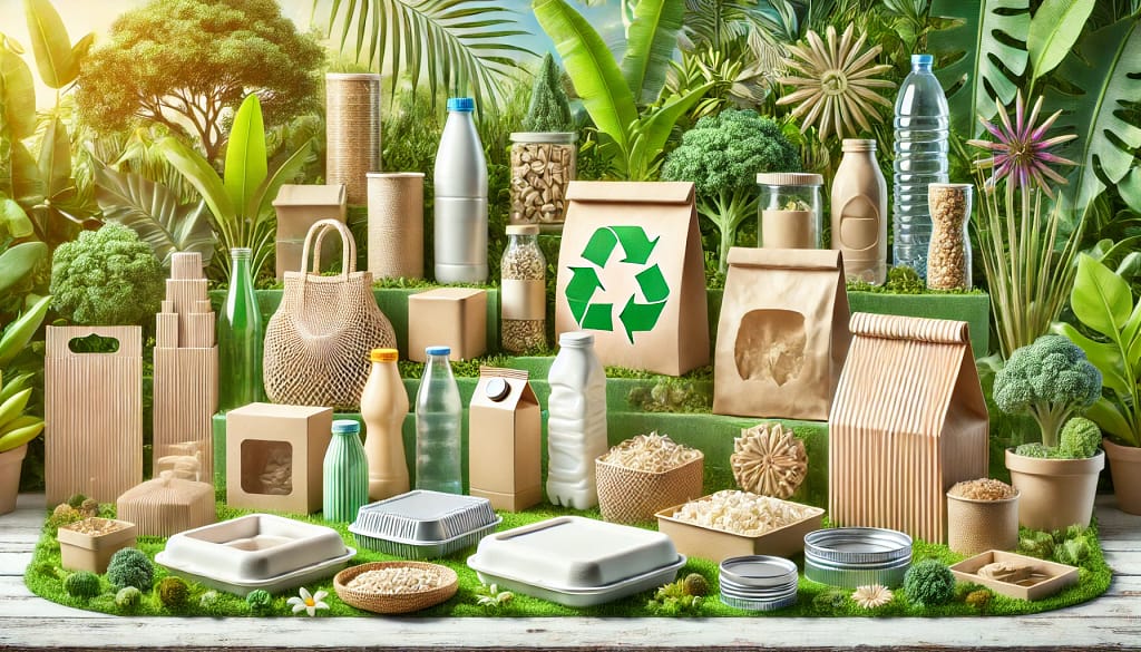 Gambar menunjukkan berbagai jenis kemasan ramah lingkungan diatur rapi di atas meja. Terdapat kemasan dari kertas daur ulang, plastik biodegradable, kemasan berbasis tanaman seperti bambu dan daun pisang, wadah kaca, dan kemasan logam dari aluminium atau baja. Setiap kemasan memiliki desain menarik yang menonjolkan fitur unggulannya, dengan latar belakang hijau yang penuh tanaman, menciptakan suasana yang alami dan estetis.