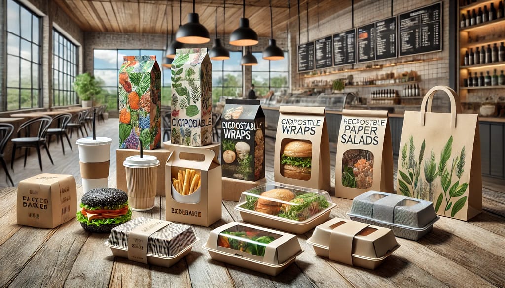 Desain kemasan ramah lingkungan untuk berbagai jenis makanan, termasuk kotak biodegradable untuk takeout, bungkus kompos untuk sandwich, kontainer yang dapat digunakan ulang untuk salad, dan tas kertas eco-friendly untuk produk bakery, dengan fitur-fitur inovatif seperti tab mudah dibuka, segel yang aman, dan panel jendela. Motif desain modern dan warna alami mencerminkan komitmen terhadap keberlanjutan, dengan latar belakang bisnis seperti kafe trendi atau toko grosir organik.