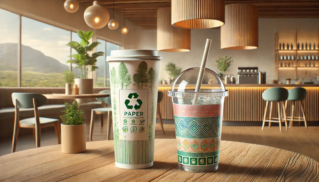 Desain inovatif gelas kertas dan gelas plastik di lingkungan kafe modern. Gelas kertas dengan motif ramah lingkungan dan biodegradable, gelas plastik transparan dengan desain geometris dan sedotan yang dapat digunakan kembali.