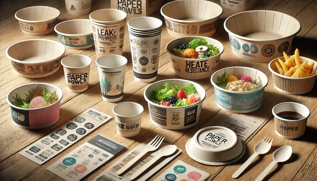 Gambar di atas menampilkan berbagai jenis paper bowl dengan ukuran dan desain inovatif yang sesuai dengan artikel. Paper bowl tersebut menampilkan fitur ramah lingkungan seperti lapisan tahan bocor, tahan panas, dan terbuat dari material biodegradable, serta motif menarik yang mencerminkan branding modern dan eco-friendly. Desain latar mendukung tema keberlanjutan dengan sentuhan kuliner, memberikan tampilan yang segar dan alami.