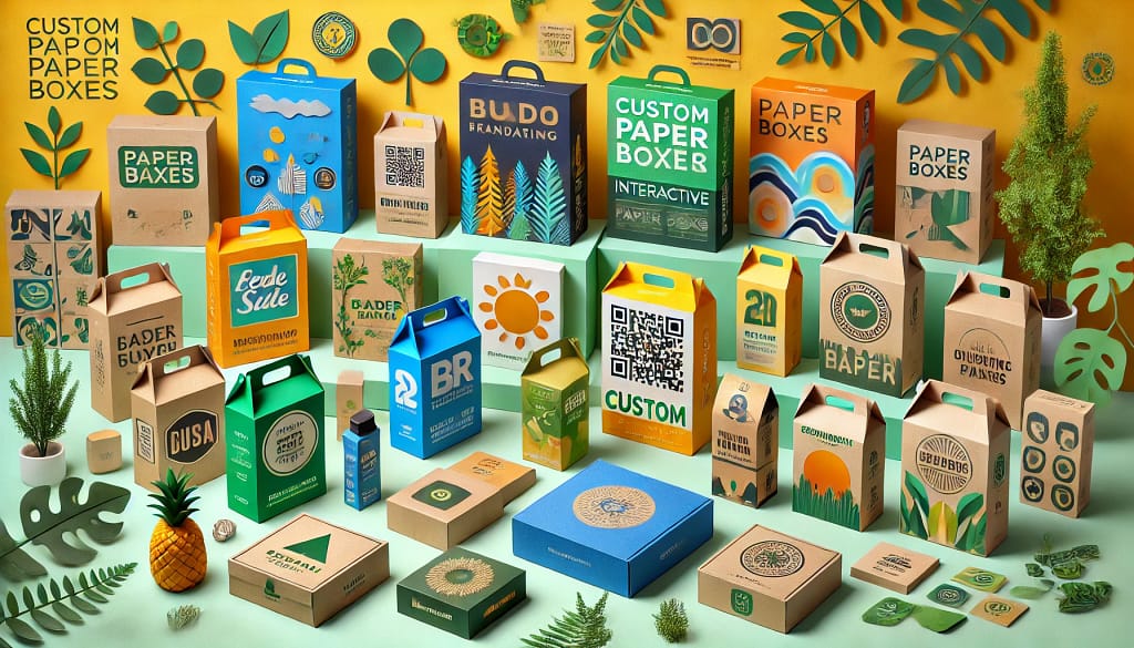 Beragam paper box custom dengan desain cerah dan fitur interaktif seperti QR code, menonjolkan logo brand dari berbagai industri seperti makanan, kosmetik, dan teknologi. Warna-warna cerah seperti hijau, biru, kuning, dan oranye memberikan kesan segar dan ramah lingkungan, dengan latar belakang alami yang mendukung konsep keberlanjutan.