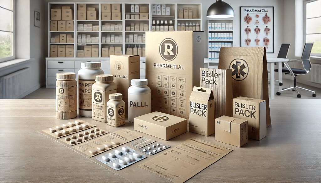 Gambar 3D yang menampilkan berbagai jenis kemasan kertas yang sering digunakan di industri farmasi, termasuk kotak kecil dan besar, wadah pil, serta amplop blister pack dengan desain logo profesional. Semua kemasan ditempatkan di atas meja kantor yang modern dengan latar belakang kantor apotek yang terang dan rapi, lengkap dengan rak obat dan poster medis. Material kemasan tampak berkualitas tinggi, menekankan daya tahan dan aspek higienis.