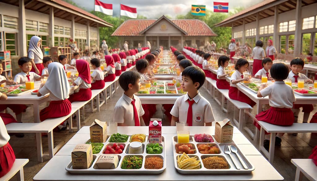 Gambar 3D anak-anak sekolah dasar di Indonesia, terdiri dari siswa laki-laki dan perempuan berseragam merah putih, sedang mengikuti program makan bergizi gratis di sekolah. Fokus gambar pada berbagai jenis kemasan makanan inovatif dan ramah lingkungan, seperti kotak kertas, wadah modular, dan kemasan biodegradable yang dipajang di meja. Wajah anak-anak terlihat ceria menciptakan suasana ceria di lingkungan sekolah yang bersih dan mendukung keberlanjutan.