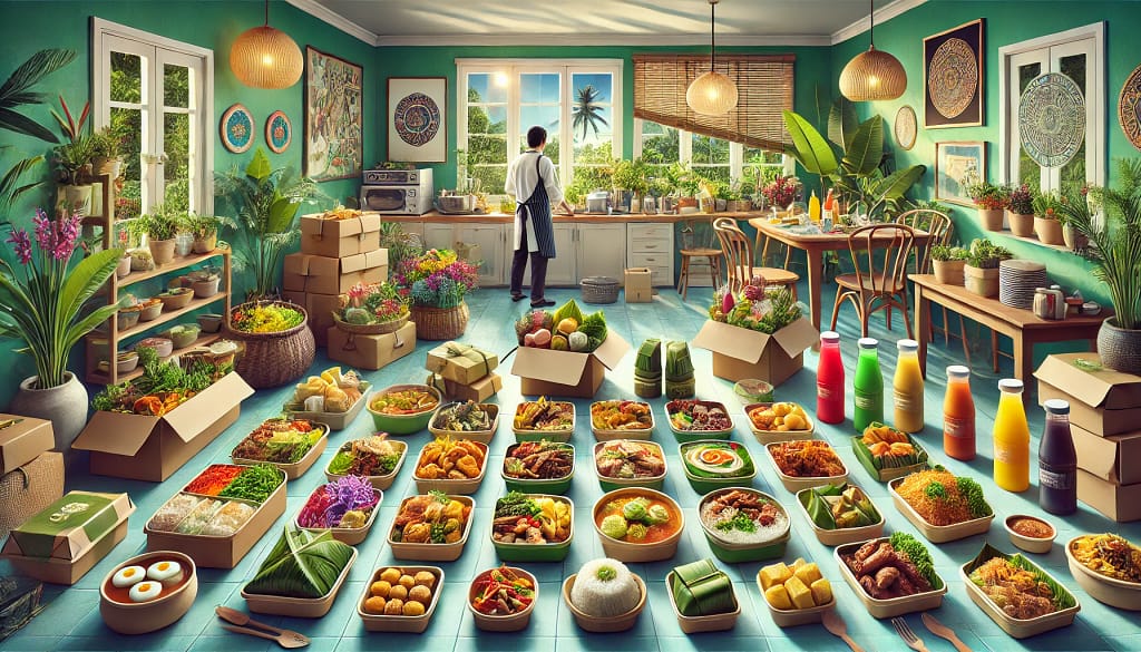 Suasana bisnis catering rumahan di Indonesia yang menampilkan berbagai jenis makanan tradisional seperti rendang, ayam goreng, nasi kuning, sambal goreng, sayur lodeh, dan soto ayam. Semua makanan dikemas dalam packaging ramah lingkungan, seperti mangkuk biodegradable, kotak kompos, bungkus daun pisang, wadah berbasis kertas, dan gelas serat bambu. Gambar ini mencerminkan tren keberlanjutan dalam bisnis kuliner dengan fokus pada penggunaan bahan kemasan yang aman bagi lingkungan. Ideal untuk bisnis makanan yang ingin tampil profesional dan mendukung upaya pelestarian lingkungan.