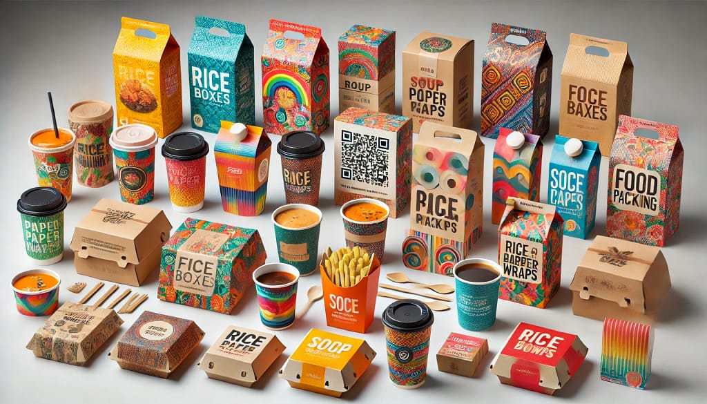 Beragam jenis packaging makanan inovatif di Indonesia, termasuk rice box, soup paper cup, rice/burger wrap, dan paper bowl. Setiap packaging memiliki desain custom tanpa logo, dengan pola artistik, tipografi modern, dan QR code untuk branding interaktif. Menggunakan bahan ramah lingkungan seperti kertas kraft dan opsi yang dapat didaur ulang. Dikemas dalam latar studio profesional dengan fokus pada kreativitas dan keunikan desain, sesuai untuk promosi bisnis makanan.