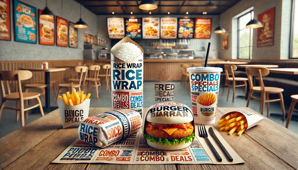 Meja restoran cepat saji modern yang menampilkan menu utama nasi dan burger dengan kemasan menarik. Nasi dibungkus dengan paper wrap putih dengan promosi menu spesial, sementara burger dibungkus dengan paper wrap coklat dengan desain promosi mencolok. Terdapat juga makanan pendamping seperti kentang goreng, ayam goreng, dan minuman dalam gelas polos. Latar belakang restoran yang terang dan bersih memberikan kesan profesional dan mengundang. Fokus gambar pada detail kemasan yang mempromosikan menu andalan dan penawaran khusus.