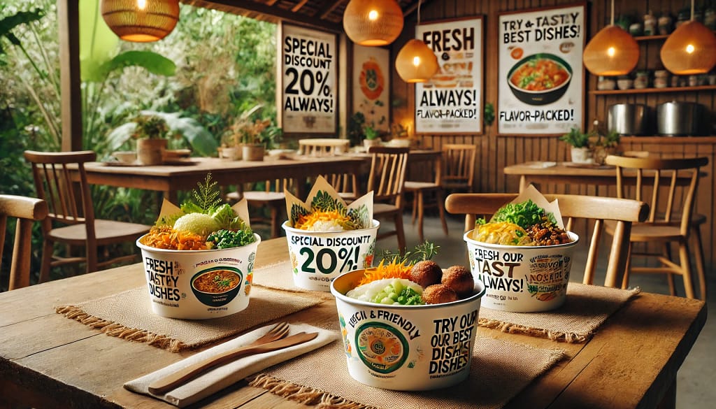 Meja kayu yang hangat di restoran ramah lingkungan di Indonesia, menampilkan paper bowl putih dengan tutup plastik transparan yang dihias desain menarik. Setiap paper bowl memiliki logo restoran berwarna oranye atau hijau, pesan promosi seperti 'Diskon Spesial 20%!' dan 'Coba Hidangan Terbaik Kami!', serta ikon makanan favorit seperti salad segar, pempek dengan kuah cuko, mi bakso, dan lotek. Elemen tambahan seperti slogan 'Fresh & Tasty, Always!' menambah daya tarik. Meja dihiasi serbet bermotif tradisional, vas bunga segar, dan alat makan dari kayu. Latar belakang menunjukkan restoran dengan nuansa hijau, dekorasi bambu, dan pencahayaan alami yang menambah kesan nyaman dan ramah lingkungan.