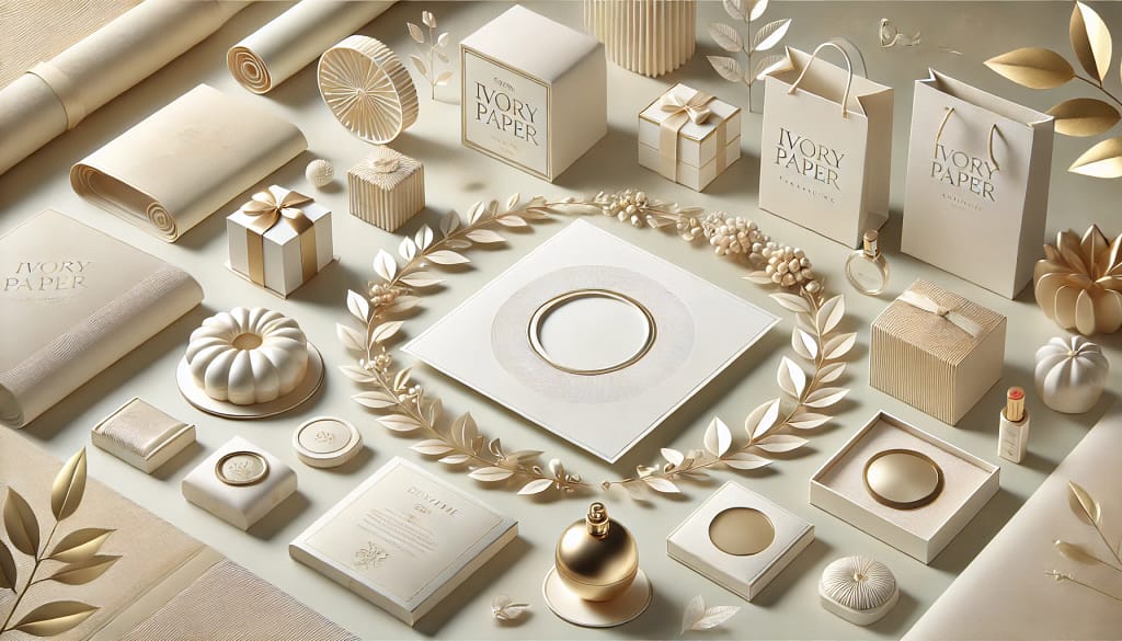 Ilustrasi elegan kemasan kertas ivory, menampilkan close-up permukaan halus dan tekstur kertas di bagian tengah. Di sekelilingnya terdapat contoh kemasan premium seperti kotak kue, kotak parfum, dan kemasan gadget yang memberikan kesan mewah. Elemen ramah lingkungan berupa ikon daun hijau melengkapi komposisi dengan palet warna netral seperti krem, putih, dan emas, serta latar belakang gradien lembut.