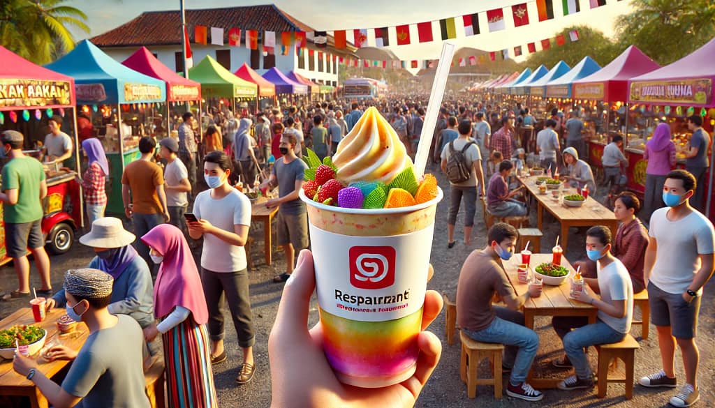 Ilustrasi 3D festival kuliner Indonesia yang ramai dengan dekorasi warna-warni dan stan makanan tradisional. Seorang pria muda memegang paper cup custom dengan desain brand yang mencolok, menampilkan logo restoran yang jelas, warna khas, dan tagline modern. Cup berisi minuman manis atau dessert seperti milkshake, minuman buah, atau es krim. Di sekitar, anak-anak dan pria menikmati suasana, dengan beberapa orang memperhatikan cup sebagai bentuk branding. Seorang pengunjung terlihat mengambil foto cup dengan smartphone, menciptakan efek promosi di media sosial. Suasana festival yang cerah dan meriah menambah daya tarik visual.