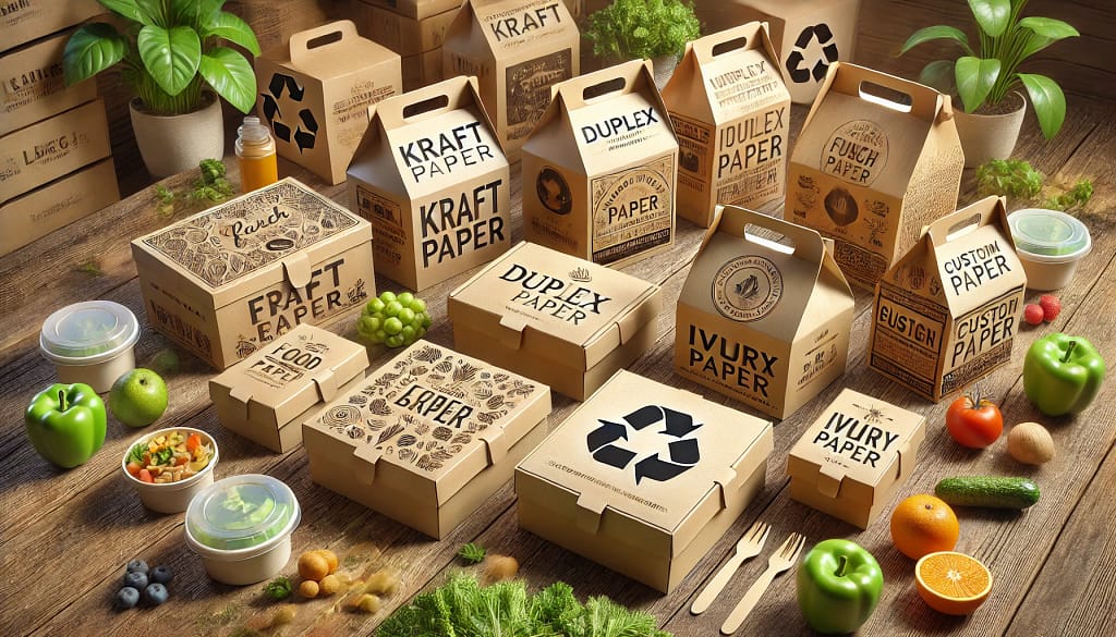Gambar 3D menampilkan berbagai paper lunch box custom di atas meja kayu, dibuat dari bahan kraft paper, duplex paper, ivory paper, dan corrugated paper. Setiap kotak memiliki desain unik dengan logo, warna, dan motif berbeda, mencerminkan opsi kustomisasi untuk branding bisnis makanan. Di sekitar kemasan terdapat bahan makanan segar seperti sayuran dan buah, menonjolkan aspek keamanan pangan. Simbol daur ulang dan elemen hijau di latar belakang memperkuat pesan ramah lingkungan. Tampilan natural dan pencahayaan yang hangat menciptakan kesan organik dan premium.