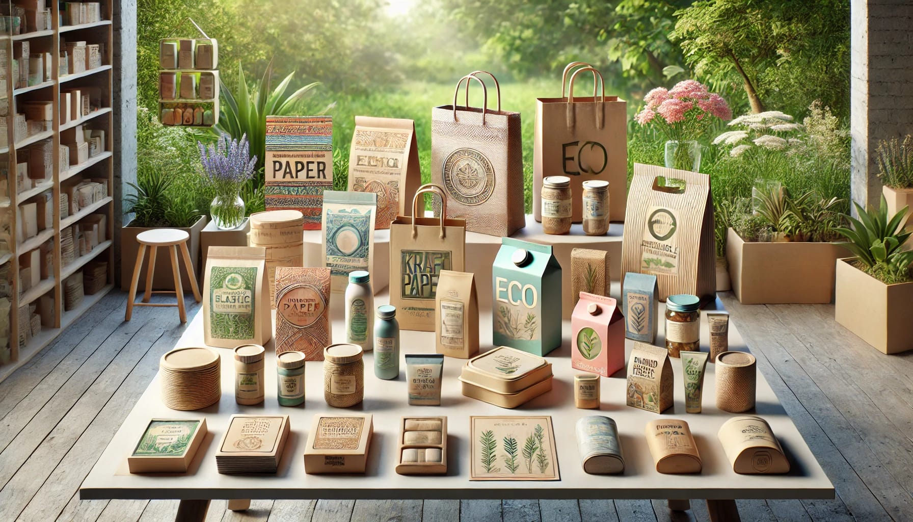 Ilustrasi 3D berfokus pada berbagai jenis kemasan produk ramah lingkungan yang dipajang di atas meja desain modern di tengah taman hijau. Kemasan mencakup kantong kertas kraft dengan desain elegan, stoples kaca berlabel minimalis, plastik biodegradable, wadah makanan berbahan serat bambu, dan kotak aluminium. Setiap kemasan ditampilkan dengan detail tekstur dan branding yang jelas, dikelilingi oleh latar belakang tanaman hijau, bunga, dan cahaya matahari alami. Ilustrasi ini menonjolkan inovasi dan variasi solusi kemasan berkelanjutan untuk mendukung bisnis ramah lingkungan.