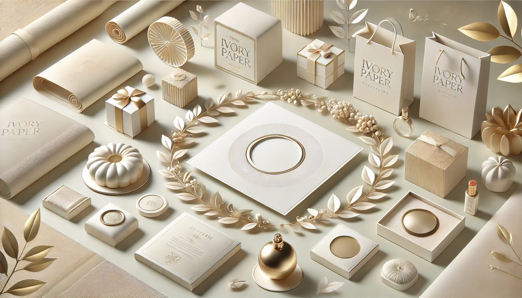 Ilustrasi elegan kemasan kertas ivory, menampilkan close-up permukaan halus dan tekstur kertas di bagian tengah. Di sekelilingnya terdapat contoh kemasan premium seperti kotak kue, kotak parfum, dan kemasan gadget yang memberikan kesan mewah. Elemen ramah lingkungan berupa ikon daun hijau melengkapi komposisi dengan palet warna netral seperti krem, putih, dan emas, serta latar belakang gradien lembut.