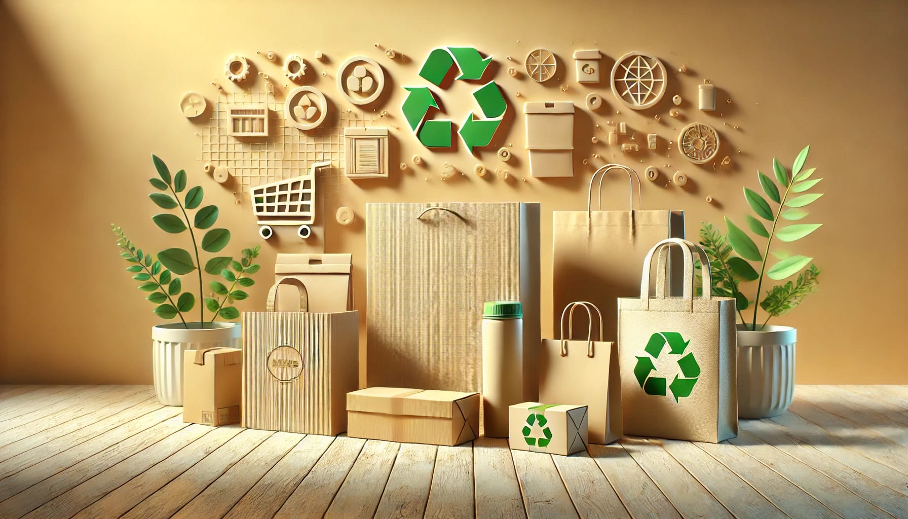 Ilustrasi 3D yang cerah dan modern menampilkan berbagai jenis kemasan di atas meja kayu minimalis. Lima jenis kemasan yang diperbesar terlihat jelas, mencakup kardus cokelat dengan logo, kantong plastik biodegradable transparan dengan ikon daun, kemasan kertas bertekstur elegan, tas kain reusable berwarna netral dengan ikon daur ulang, dan tabung bio-plastik transparan dengan tutup hijau. Latar belakang yang bersih dengan ikon belanja online dan simbol daur ulang menonjolkan konsep keberlanjutan dan bisnis online. Pencahayaan alami lembut menciptakan tampilan profesional dan estetis, ideal untuk bisnis yang ingin menampilkan opsi kemasan ramah lingkungan.