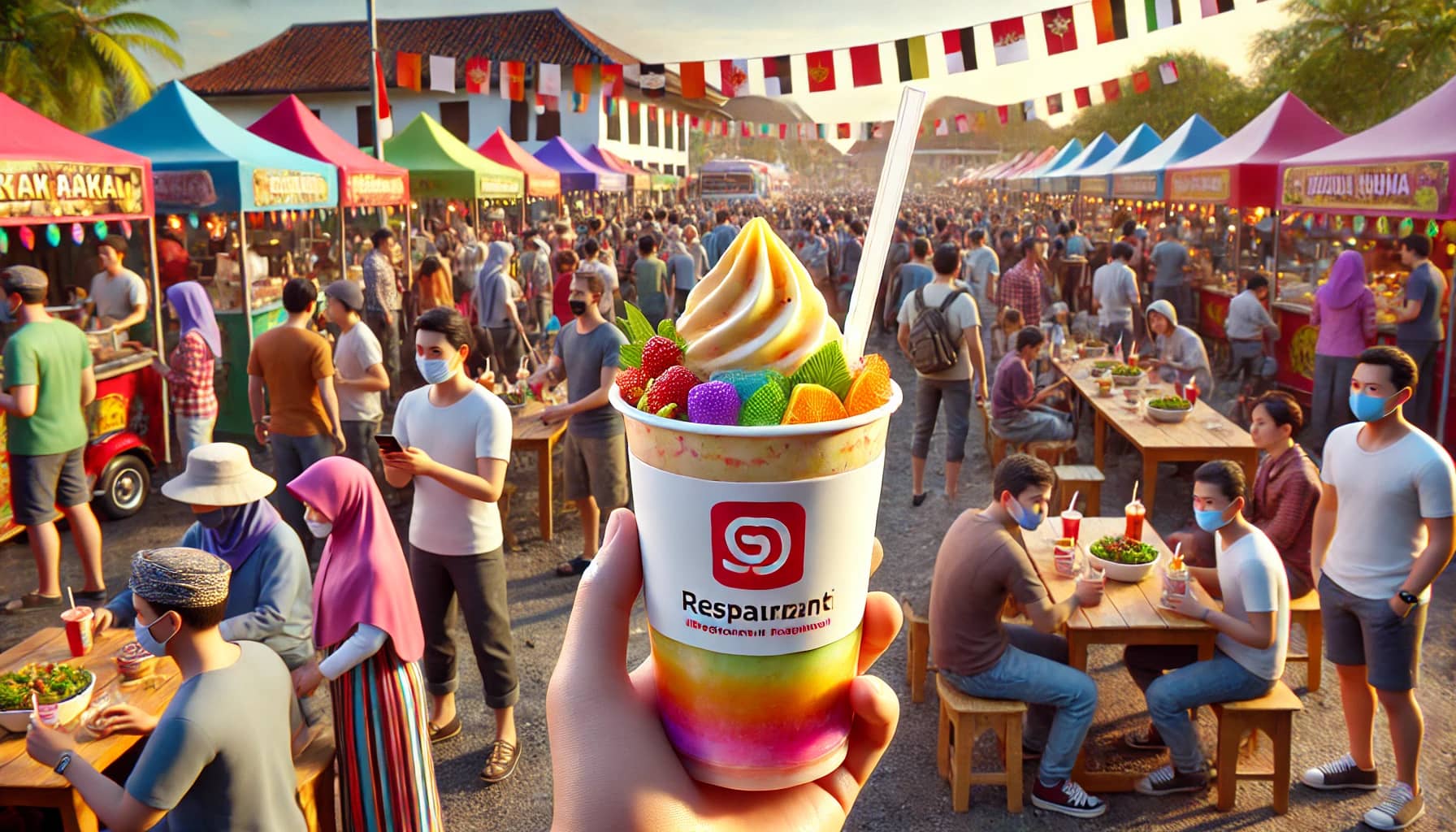 Ilustrasi 3D festival kuliner Indonesia yang ramai dengan dekorasi warna-warni dan stan makanan tradisional. Seorang pria muda memegang paper cup custom dengan desain brand yang mencolok, menampilkan logo restoran yang jelas, warna khas, dan tagline modern. Cup berisi minuman manis atau dessert seperti milkshake, minuman buah, atau es krim. Di sekitar, anak-anak dan pria menikmati suasana, dengan beberapa orang memperhatikan cup sebagai bentuk branding. Seorang pengunjung terlihat mengambil foto cup dengan smartphone, menciptakan efek promosi di media sosial. Suasana festival yang cerah dan meriah menambah daya tarik visual.
