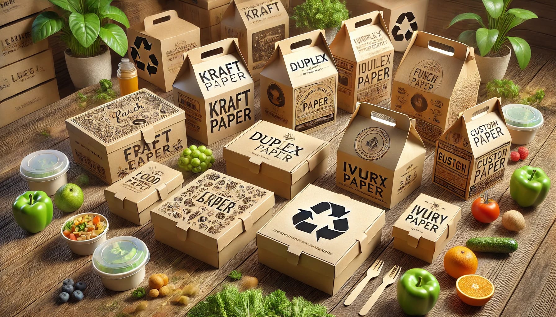 Gambar 3D menampilkan berbagai paper lunch box custom di atas meja kayu, dibuat dari bahan kraft paper, duplex paper, ivory paper, dan corrugated paper. Setiap kotak memiliki desain unik dengan logo, warna, dan motif berbeda, mencerminkan opsi kustomisasi untuk branding bisnis makanan. Di sekitar kemasan terdapat bahan makanan segar seperti sayuran dan buah, menonjolkan aspek keamanan pangan. Simbol daur ulang dan elemen hijau di latar belakang memperkuat pesan ramah lingkungan. Tampilan natural dan pencahayaan yang hangat menciptakan kesan organik dan premium.
