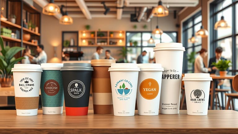 Berbagai desain gelas kertas custom dengan logo dan branding unik, menunjukkan keunggulan fleksibilitas dalam promosi bisnis minuman.
