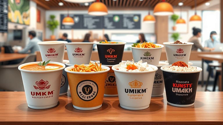 Berbagai jenis paper bowl dengan desain custom dan branding unik, digunakan untuk menyajikan makanan seperti sup, keripik, nasi goreng, dan hidangan lainnya di restoran modern. Paper bowl ini menunjukkan variasi warna, ukuran, dan lapisan yang sesuai untuk berbagai kebutuhan kemasan makanan.